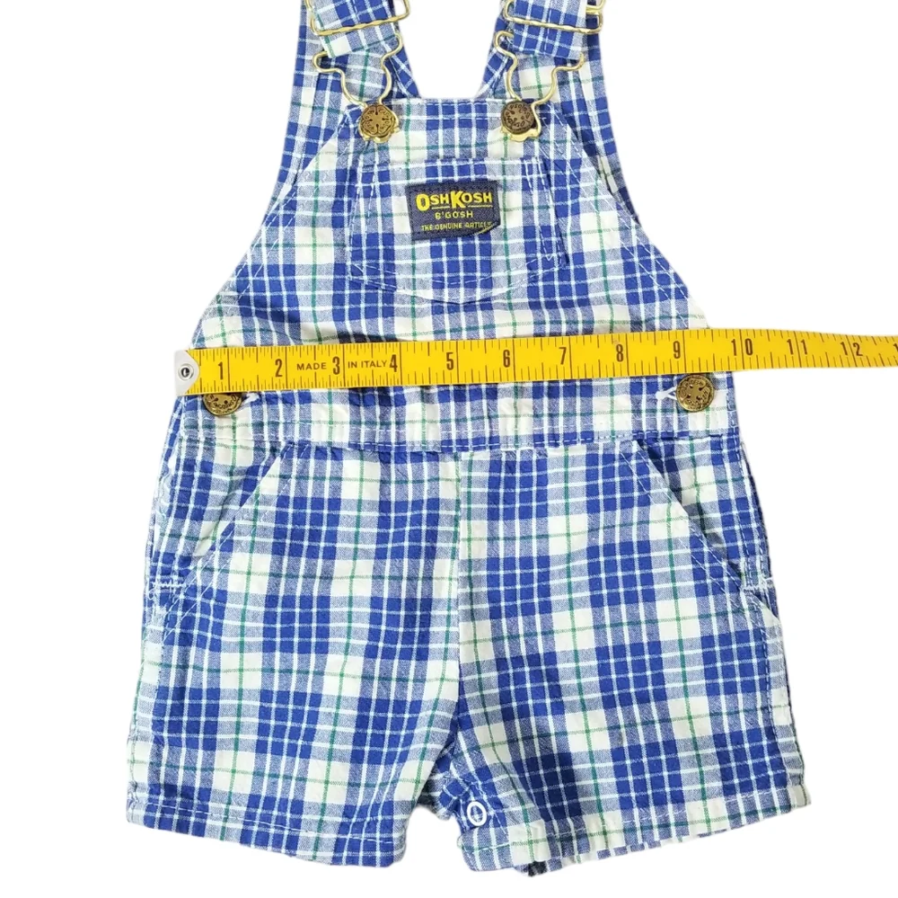 OshKosh B'Gosh Vintage 90's Shortalls Size 12M Blue White Plaid Vestbak USA